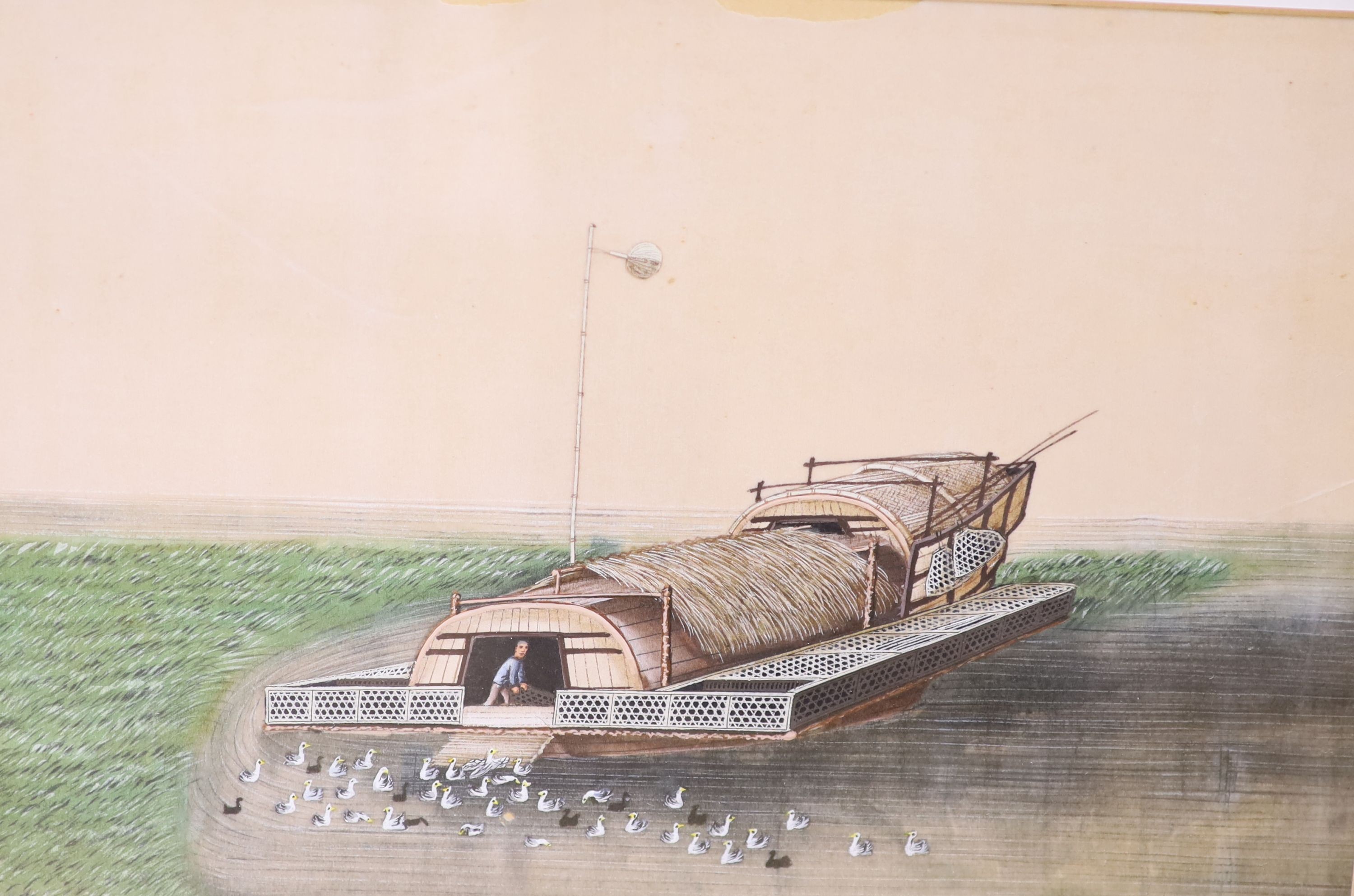 A set of four 19th century Chinese pith paper paintings of junk boats, each 18.5 x 27 cm